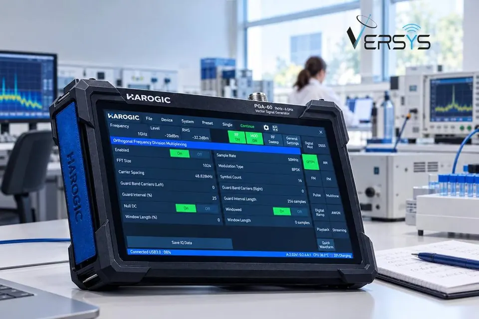 Générateur de signaux vectoriels portable HAROGIC PGA-60 sur un plan de travail de laboratoire