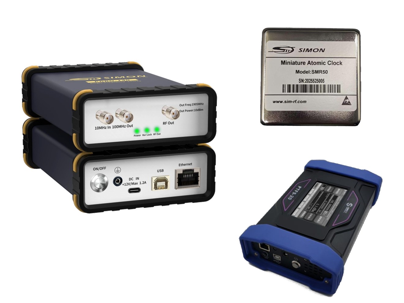 Produits Simon RF : source PDRO-140, horloge atomique miniature SMR50 et source de signal portable PTFS